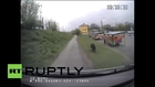 Latvia: Police dashcam captures wild boar chase through streets of Riga